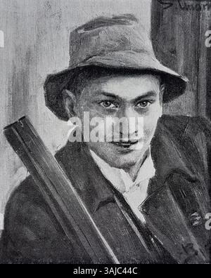 Ein Gemälde mit dem Titel „der Jäger“ von Oscar Björck, das einen Jäger detailliert und realistisch darstellt und den schwedischen Realismus des frühen 20. Jahrhunderts widerspiegelt. Stockfoto