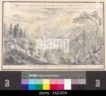Die Zeichnung aus dem Jahr 1751 zeigt einen Blick auf die hügelige Landschaft rund um Girenbad im Kanton Zürich gegenüber dem Kanton Glarus. Er wurde mit schwarzer und grauer Tinte hergestellt und erfasst die natürliche Landschaft mit einer sanften Waschtechnik. Das Werk wurde vom Künstler signiert und bietet eine topografische Perspektive auf die natürliche Schönheit der Region. Stockfoto