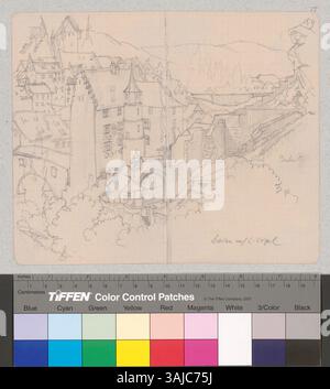 Dieses Bild zeigt eine Außenansicht der Stadt Baden, einschließlich des ehemaligen Landvogteischlosses nach einem Aquarell von Ludwig Vogel aus der Zeit um 1820, das von Johann Rudolf Rahn zwischen 1860 und 1910 kopiert wurde. Stockfoto