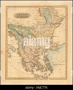 Eine Karte von Fielding Lucas Jr aus dem Jahr 1823, die die Türkei in Europa zeigt und die Gebiete des Osmanischen Reiches in der Region während des frühen 19. Jahrhunderts beschreibt. Stockfoto