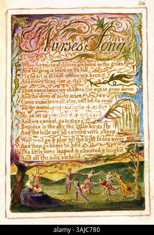 In Nurse's Song aus William Blakes 1826er Serie Songs of Innocence and of Experience wird die Unschuld der Kindheit durch eine pflegende Beziehung dargestellt. Diese Gravur zeigt Blakes Auseinandersetzung mit Themen wie Pflege, Kindheit und Freiheit. Stockfoto