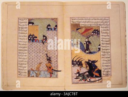 Diese Miniatur aus dem Zafarnama-Manuskript von 1436 veranschaulicht Timurs militärischen Feldzug, der sich auf seinen Angriff auf Aleppo im Jahr 1400 konzentriert. Er fängt die dramatischen Momente der Schlacht und den historischen Kontext des Timuriden-Reiches auf. Stockfoto