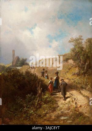 Carl Spitzwegs Ölgemälde „der Weg zur Kirche“ aus dem Jahr 1862 zeigt eine Einzelfigur, die auf eine Kirche zugeht und Spitzwegs Genre-Kunststil zeigt. Stockfoto