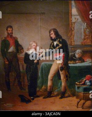 Dieses Ölgemälde von Charles de Steuben aus dem Jahr 1824 zeigt Napoleon Bonaparte, wie er Eugène das Schwert seines Vaters übergibt, was einen Schlüsselmoment in der französischen Napoleonischen Geschichte symbolisiert. Stockfoto