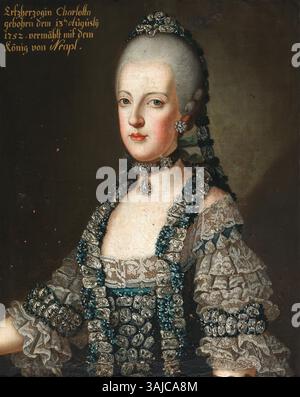Ein Öl-auf-Leinwand-Porträt von Maria Carolina von Österreich (1752–1814), Königin von Neapel und Tochter von Maria Theresia von Österreich. Das Gemälde stammt wahrscheinlich aus dem Jahr 1765-1775 und trägt die Inschrift „Charlotta“. Stockfoto