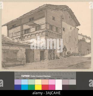 Diese 1906 von Johann Rudolf Rahn gezeigte Illustration zeigt das sogenannte Alte Rathaus in Malans, Schweiz, das sich unter der reformierten Kirche befindet. Stockfoto