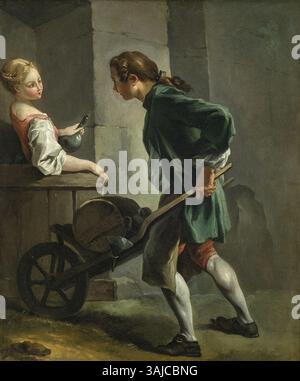 Dieses Ölgemälde aus der Zeit um 1760 zeigt einen jungen Weinhändler. Die Szene, die entweder Francois Boucher oder Jean Baptiste Greuze zugeschrieben wird, zeigt eine Jugendliche Figur in einem Marktumfeld, typisch für die französische Kunst des 18. Jahrhunderts. Das Kunstwerk hebt die Mode und das tägliche Leben der Zeit hervor. Stockfoto