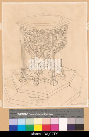 Dieses Bild zeigt das Taufbecken im Freiburger Münster, das Johann Rudolf Rahn zwischen 1860 und 1910 in den Besitz von Johann Rudolf Rahn nahm und sich mit dem Design und dem historischen Kontext des religiösen Artefakts auseinandersetzt. Stockfoto