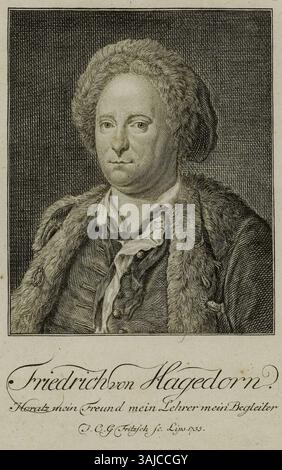 Kupferstichporträt Friedrich von Hagedorns von 1755, geschaffen von Johann Christian Gottfried Fritzsch, untergebracht in der Hamburger Staats- und Universitätsbibliothek Carl von Ossietzky. Er stellt Hagedorn dar, eine prominente Figur der deutschen Literatur. Stockfoto