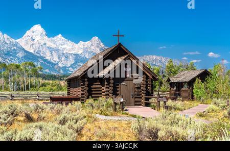 Historische Kapelle der Verklärung im Grand Teton National Park, Wyoming, USA Stockfoto