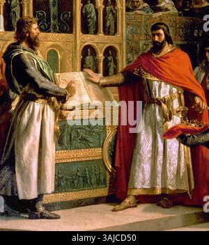Marcos Hiráldez Acostas Gemälde „La Jura de Santa Gadea“ (1864) zeigt den Moment, als König Alfonso VI. Von León vor Rodrigo Díaz de Vivar, El Cid, einen Eid schwor. Das Öl auf Leinwand stellt einen wichtigen Moment in der spanischen Geschichte dar. Stockfoto