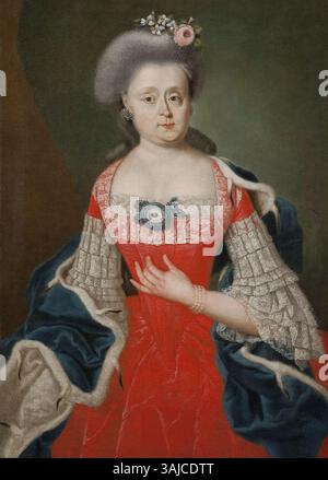 Dieses anonyme Porträt aus dem Jahr 1760 zeigt eine Dame in einem roten Kleid. Das Öl-auf-Leinwand-Stück ist Teil des Nationalmuseums in Warschau und zeigt sie in einer formellen, würdevollen Pose. Stockfoto