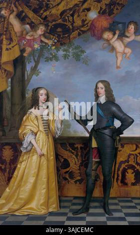Dieses Doppelporträt von Gerard van Honthorst aus dem 17. Jahrhundert zeigt Willem II., Prinz von Orange, und seine Frau Maria Stuart. Das 1647 gemalte Kunstwerk Öl auf Leinwand ist im Rijksmuseum untergebracht. Stockfoto