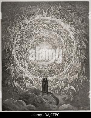 Gustave Dorés Illustration für Paradiso Canto 31 zeigt Dante und Beatrice im Empyrean, dem höchsten Himmel, wie sie in Dante Alighieris Göttlicher Komödie beschrieben wird. Die Szene reflektiert ihre Reise in die ultimative göttliche Erleuchtung. Stockfoto