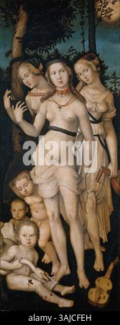 Hans Baldung Griens Gemälde „die Jugend“, entstanden zwischen 1541 und 1544, zeigt die klassischen mythologischen Figuren der Harmonie und der drei Grazen. Das Gemälde fängt die Eleganz und Schönheit dieser Figuren ein und verkörpert Jugend und idealisierte Weiblichkeit in der Renaissance-Kunst. Stockfoto
