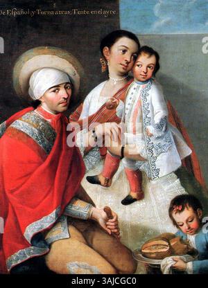 Dieses Gemälde von Miguel Cabrera aus dem Jahr 1763 mit dem Titel „de Español y Torna Atrás; Tente en el Ayre“ stellt eine Kolonialfamilie aus Neuspanien (Mexiko) dar. Das Ölgemälde ist ein bedeutendes Beispiel mexikanischer Porträtmalerei aus dem 18. Jahrhundert, die das Leben der Kolonialzeit und das kulturelle Erbe einfängt. Stockfoto