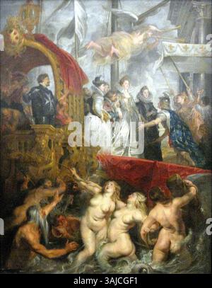 Peter Paul Rubens’ „die Ausschiffung in Marseille“ aus dem Marie-de-Medici-Zyklus, gemalt zwischen 1622 und 1625. Das Gemälde zeigt die Ankunft von Marie de’ Medici und zeigt allegorische Figuren, darunter Neptun und Eleanor de’ Medici. Stockfoto