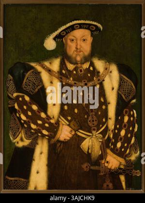 Dieses Porträt aus den 1540er Jahren, das der Werkstatt von Hans Holbein dem Jüngeren zugeschrieben wird, zeigt Heinrich VIII., König von England. Das Ölgemälde auf Eichenplatte ist im Nationalmuseum in Warschau untergebracht. Er trägt den König in königlicher Kleidung, was seinen mächtigen Status während der Tudor-Dynastie widerspiegelt. Stockfoto