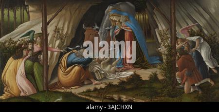 Das Gemälde „Mystic Nativity“ von Sandro Botticelli (1500) zeigt die Geburt Christi. Maria und das Christkind sind mit Engelsfiguren zu sehen, die Botticellis Liebe zum Detail in der religiösen und Renaissance-Kunst zeigen. Sie wird in der National Gallery abgehalten. Stockfoto