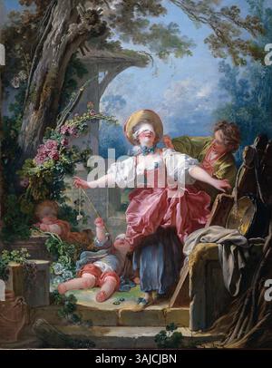 Fragonards „Blind-man’s Buff“, gemalt zwischen 1750 und 1752, fängt eine verspielte und intime Szene einer Gruppe von Figuren ein, die sich in dem beliebten Spiel aus dem 18. Jahrhundert, das charakteristisch für den Rokoko-Stil ist, engagieren. Stockfoto