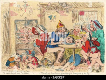 „UN petit souper à la parisienne“ von James Gillray vom 20. September 1792 ist eine Karikatur einer Pariser Familie von Sans-Culottes. Die handkolorierte Ätzung stellt die Familie nach einem langen Tag revolutionärer Aktivitäten humorvoll dar. Stockfoto