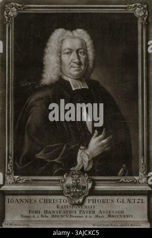 Das Kupferstichporträt von Johann Christoph Glaetzl, geschaffen von Bernhard Gottlieb Fridrich und Johann Leonhard Hirschmann, ist in der Sammlung der Staats- und Universitätsbibliothek Hamburg erhalten. Stockfoto