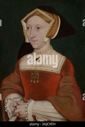 Dieses um 1540 entstandene Porträt in der Werkstatt von Hans Holbein dem Jüngeren zeigt Jane Seymour, die dritte Ehefrau von König Heinrich VIII. Das Porträt fängt ihr würdevolles Aussehen und ihren königlichen Status ein. Stockfoto