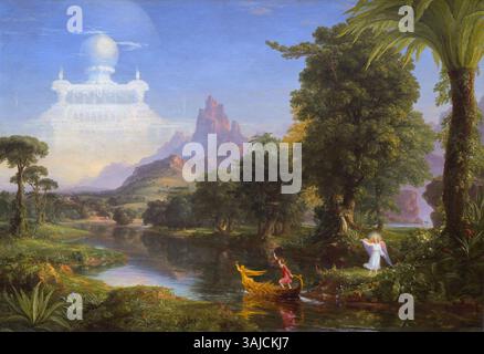 „The Voyage of Life: Youth“ von Thomas Cole (1842) beschreibt den Optimismus und das Wachstum der Jugend in seiner allegorischen Serie über das menschliche Leben. In Öl auf Leinwand gemalt, ist es Teil seiner berühmten Serie, die in der National Gallery of Art ausgestellt wird und das Versprechen und die Herausforderungen der Jugend symbolisiert. Stockfoto