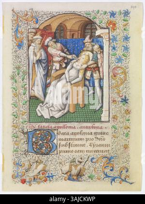 Das Martyrium von St. Apollonia, das in der Coëtivy-Stunden-Handschrift dargestellt wird, stammt von 1443 bis 1445. Dieses beleuchtete Manuskript wird dem Dunois-Meister zugeschrieben und befindet sich in der Chester Beatty Library, katalogisiert als CBL W 082 f.298r. Stockfoto