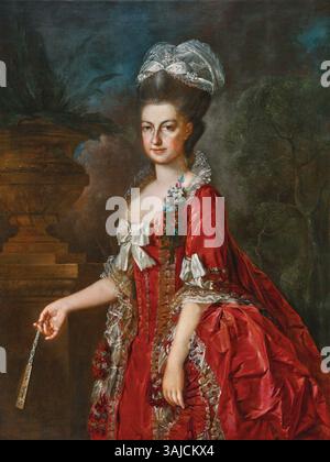 Dieses Porträt von Johann Georg Weikert aus dem Jahr 1778 zeigt Maria Christina von Österreich (1742–1798), Herzogin von Teschen, in der Hand eines Fächers. Das Öl auf Leinwand zeigt die elegante Kleidung und das edle Tragen der Erzherzogin, Tochter von Maria Theresia von Österreich. Stockfoto