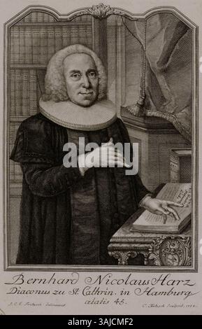 Dieses Porträt von Bernhard Nicolaus Harz, Diakonus an der St. Cathrin in Hamburg, von Christian Fritzsch und Johann Christian Gottfried Fritzsch aus dem Jahr 1758, ist ein Kupferstich aus der Hamburger Staats- und Universitätsbibliothek. Stockfoto