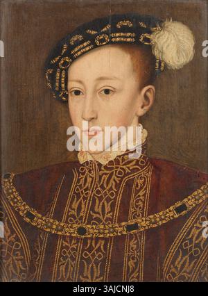 Dieses Öl-auf-Leinwand-Porträt, das einem Anhänger William Scrots zugeschrieben wird, zeigt König Eduard VI. Von England, der von 1547 bis 1553 regierte. Es ist Teil einer Privatsammlung und repräsentiert den Tudor-Monarchen. Stockfoto