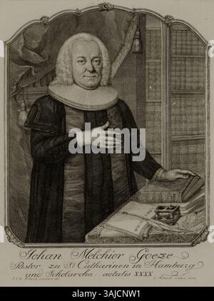 Dieser 1758 von Christian Fritzsch und Johann Christian Gottfried Fritzsch geschaffene Kupferstich von Johan Melchior Goeze ist Teil der Sammlung der Staats- und Universitätsbibliothek Hamburg. Goeze war eine wichtige intellektuelle Persönlichkeit dieser Zeit. Stockfoto