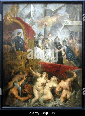 Ein Gemälde von Peter Paul Rubens mit dem Titel „die Ausschiffung in Marseille“, entstanden zwischen 1623 und 1625. Es zeigt die Ankunft von Königin Marie de’ Medici in Marseille und zeigt Rubens dramatischen Gebrauch von Farbe und Bewegung. Stockfoto