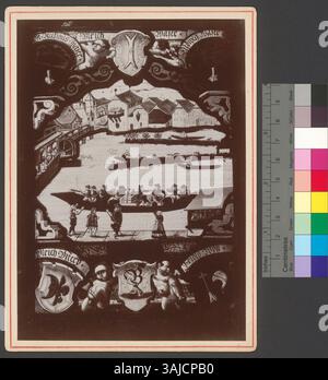 Das Bild zeigt ein Glasgemälde aus dem Jahr 1581, das die Börse im Zürcher Niederwasser darstellt. Das Werk enthält unlesbare Inschriften und Verweise auf mehrere Namen wie Ulrich Waser und Ludwig Waser sowie auf das Jahr 1581. Stockfoto