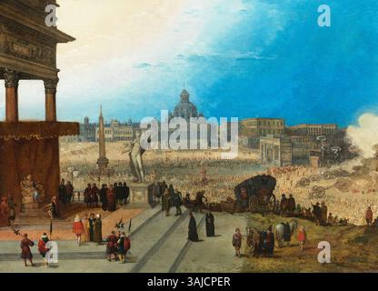 Dieses Gemälde aus dem 16. Jahrhundert, das Hendrick van Cleve III. Zugeschrieben wird, zeigt eine große Prozession mit dem Eintritt eines Papstes in Rom. Das Öl-auf-Holz-Gemälde ist 52,5 x 72 cm groß und spiegelt die Pracht der päpstlichen Ereignisse in Rom während der Renaissance wider. Stockfoto