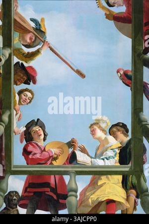 Gerrit van Honthorsts Gemälde „Musical Group on a Balcony“ aus dem Jahr 1622 zeigt eine Gruppe von Musikern, die auf einem Balkon auftreten und die Genre-Szene des frühen 17. Jahrhunderts widerspiegeln. Stockfoto