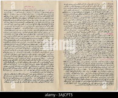 Diese osmanische Manuskriptweltenzyklopädie ist ein einzigartiges historisches Dokument, das sich auf Mekka als zentralen Punkt der Welt konzentriert. Es ist in komplizierter osmanischer Schrift geschrieben und enthält über 580 Seiten Text, mehr als 380 präzise Karten und 225 Drucke aus Zeitschriften und Büchern. Die Karten sind mit Gold und Silber markiert und bieten sowohl künstlerische als auch geographische Einblicke in die Welt des frühen 20. Jahrhunderts. Stockfoto