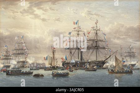 Das Aquarell von William Joy aus dem Jahr 1844 zeigt die Entrindung von König Louis Philippe von Frankreich in Portsmouth, England. Es zeigt den Moment, als der König an Bord des Segeldampfers Gomer ankam, der von Prinz Albert und dem Duke of Wellington begrüßt wurde, was einen historischen Besuch der königlichen Königin Victoria markiert. Stockfoto