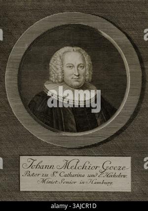 Ein Kupferstich-Porträt von Johann Melchior Goeze, geschaffen 1768 von Johann Michael Stock. Dieses historische Stück ist Teil der Hamburger Staats- und Universitätsbibliothek und zeigt einen prominenten deutschen Intellektuellen des 18. Jahrhunderts. Stockfoto