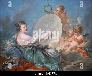 Ein allegorisches Gemälde, das den Begriff der Malerei selbst darstellt, das 1765 von Francois Boucher geschaffen wurde. Das Öl auf Leinwand ist Teil der National Gallery of Art Sammlung. Stockfoto