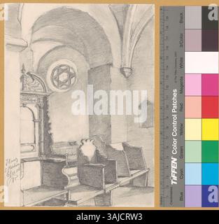 Diese Zeichnung von Johann Rudolf Rahn aus dem Jahr 1906 zeigt die Innenansicht der St.-Martin-Kirche in Ilanz mit den Chorstühlen. Die Zeichnung ist Teil der Sammlung der Zentralbibliothek Zürich. Stockfoto