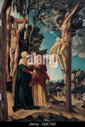 Die „Klagelei Christi“ (1503) von Lucas Cranach dem Älteren zeigt die Trauer Christi nach der Kreuzigung. In Öl auf Tannenplatte gemalt, befindet sich das Stück in der Alten Pinakothek. Das Werk zeigt Cranachs unverwechselbaren Stil in der religiösen Kunst. Stockfoto