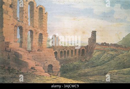 James Skenes Darstellung des Odeons des Herodes Atticus aus dem Jahre 1838, eines römischen Theaters in Athen, Griechenland, vollendet 161 n. Chr. Das Gebäude befindet sich am Südwesthang der Akropolis und wurde in den 1950er Jahren mit pendelischem Marmor restauriert Der griechische Unabhängigkeitskrieg führte 1848 zu frühen Ausgrabungen. Stockfoto