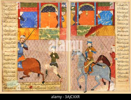 Dieses Gemälde aus dem Jahr 1436 aus der „Zafarnama“ zeigt den großen Eingang des Timuriden-Herrschers Shah Rukh in Samarkand, nachdem er von Timur zum Gouverneur ernannt wurde. Die Szene ist in zwei Manuskriptfolios detailliert dargestellt und fängt den Moment der politischen Nachfolge ein. Stockfoto