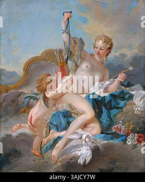 Dieses Gemälde aus der Werkstatt von Francois Boucher aus dem 18. Jahrhundert zeigt Venus, die Cupid entwaffnet. Das Öl auf Leinwand unterstreicht die klassische Mythologie von Liebe und Schönheit und zeigt Bouchers unverkennbaren Stil. Stockfoto