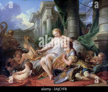 Francois Bouchers Gemälde „Rinaldo und Armida“ aus dem Jahr 1734 zeigt die mythologische Geschichte von Rinaldo und Armida aus dem Epos „Jerusalem geliefert“. Das Öl auf Leinwand fängt die romantischen und heldenhaften Elemente der Erzählung ein. Stockfoto