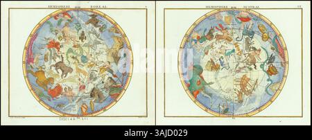 1776 Karte von John Flamsteed, die sowohl die nördliche als auch die südliche Hemisphäre der Himmelssphäre darstellt. Stockfoto