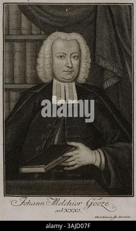 Kupferstich von Johann Melchior Goeze von Johann David Schleuen, Teil der Hamburger Staats- und Universitätsbibliothek, Carl von Ossietzky Sammlung. Die Arbeit bietet eine detaillierte Darstellung von Goeze. Stockfoto