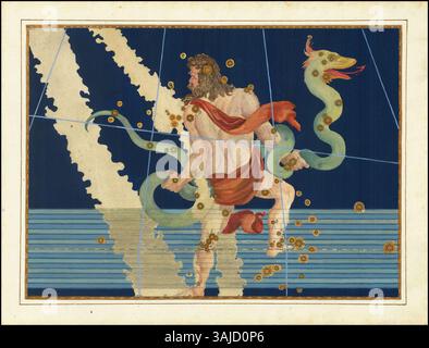 Die Himmelskarte von Johann Bayer aus dem Jahr 1603 zeigt die Sternbilder Ophiuchus und Serpentarius. Die Karte war ein wichtiger Beitrag zur Astronomie des 16. Jahrhunderts und illustrierte Schlüsselkonstellationen und Sterne. Stockfoto